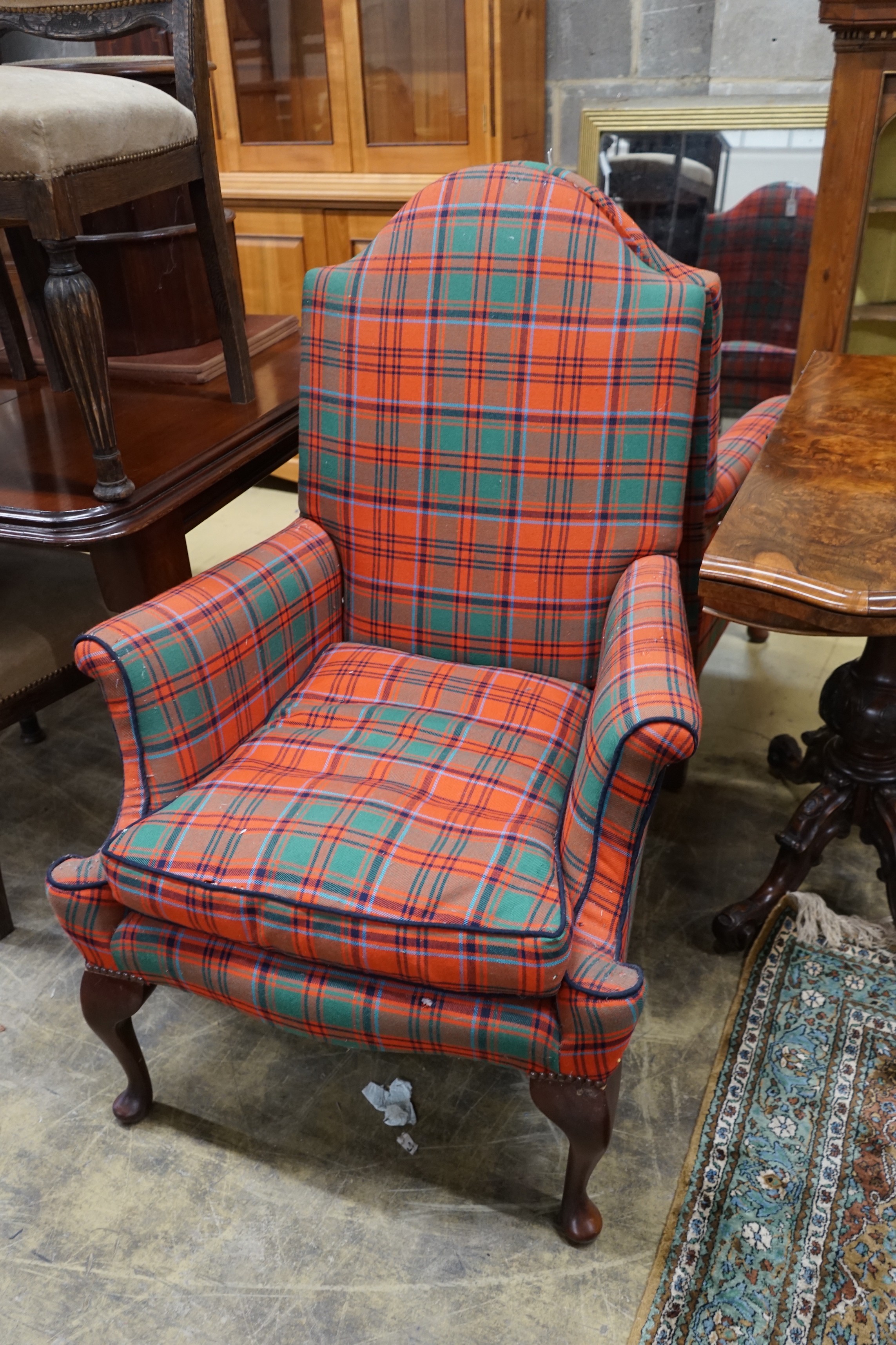 A pair of 18th century style tartan upholstered armchairs, width 76cm, depth 80cm, height 110cm